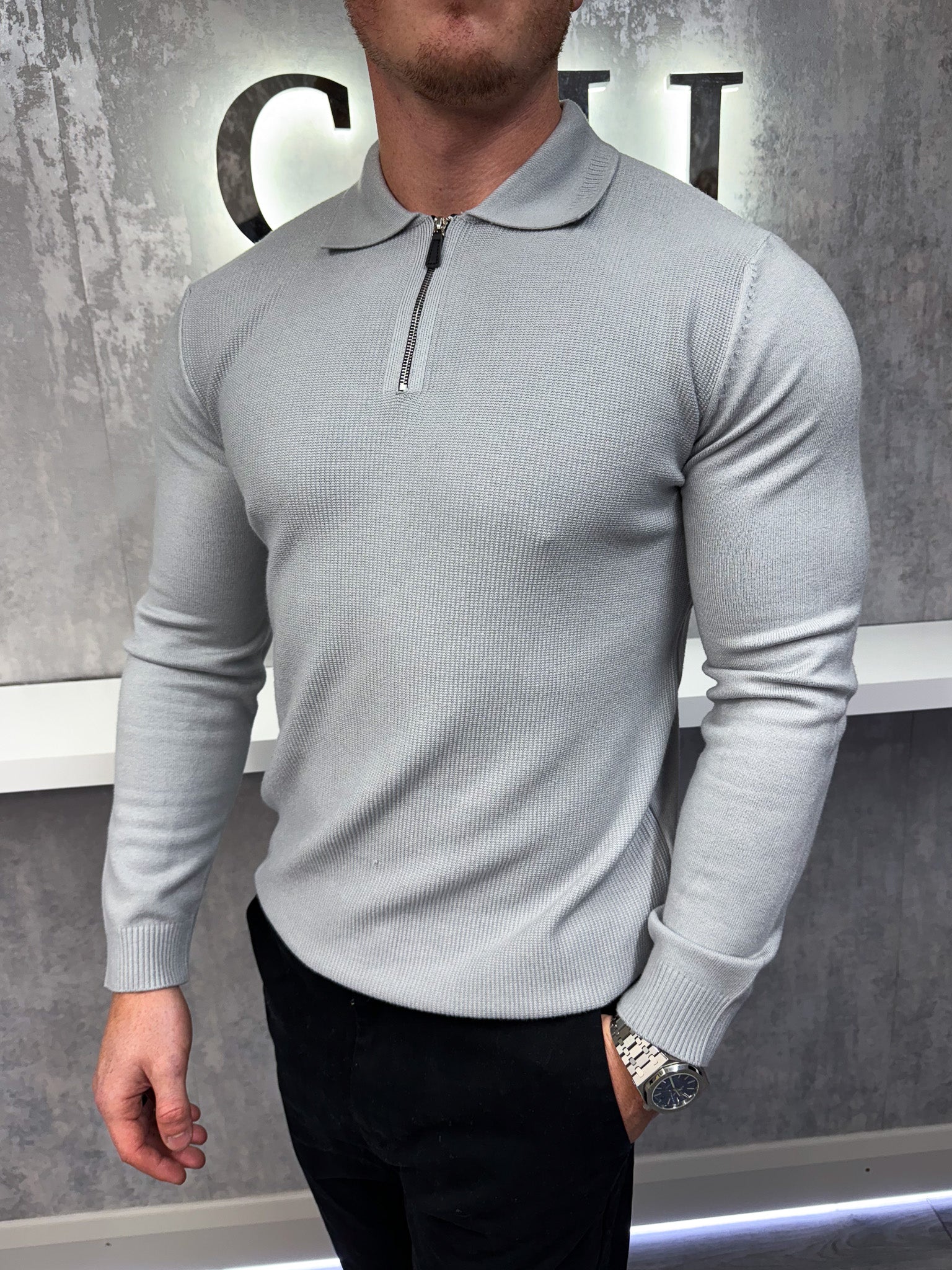 Long sleeve zip polo - Grey