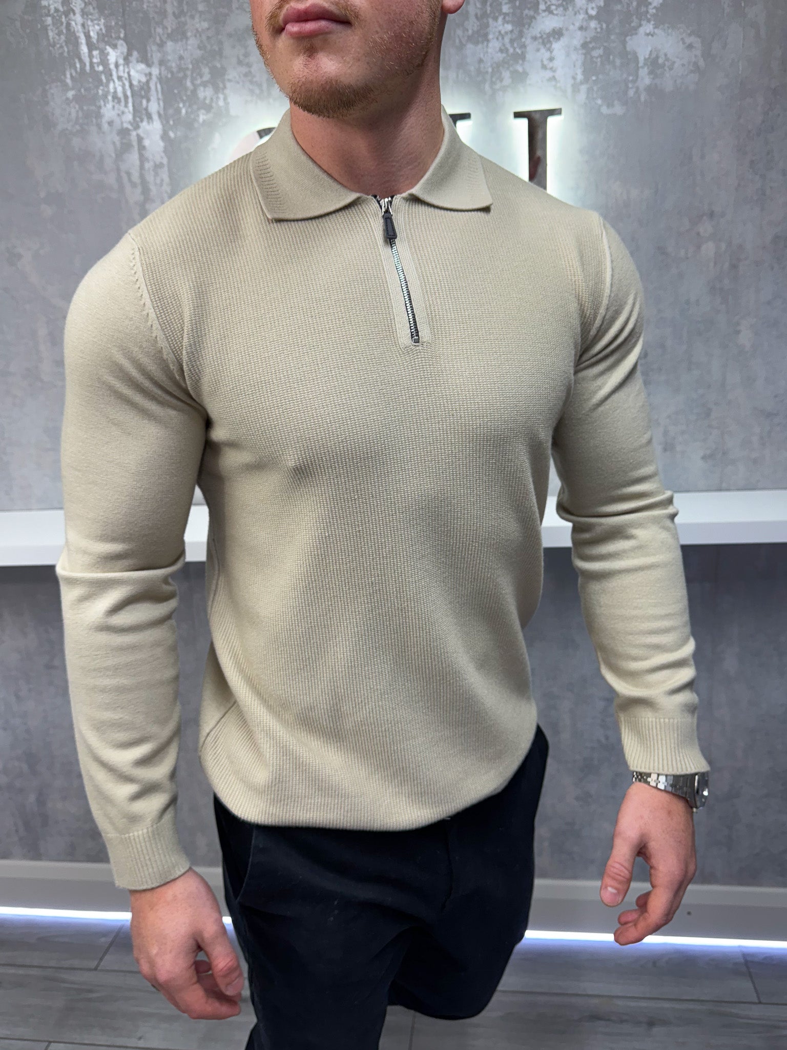 Long sleeve zip polo - Beige