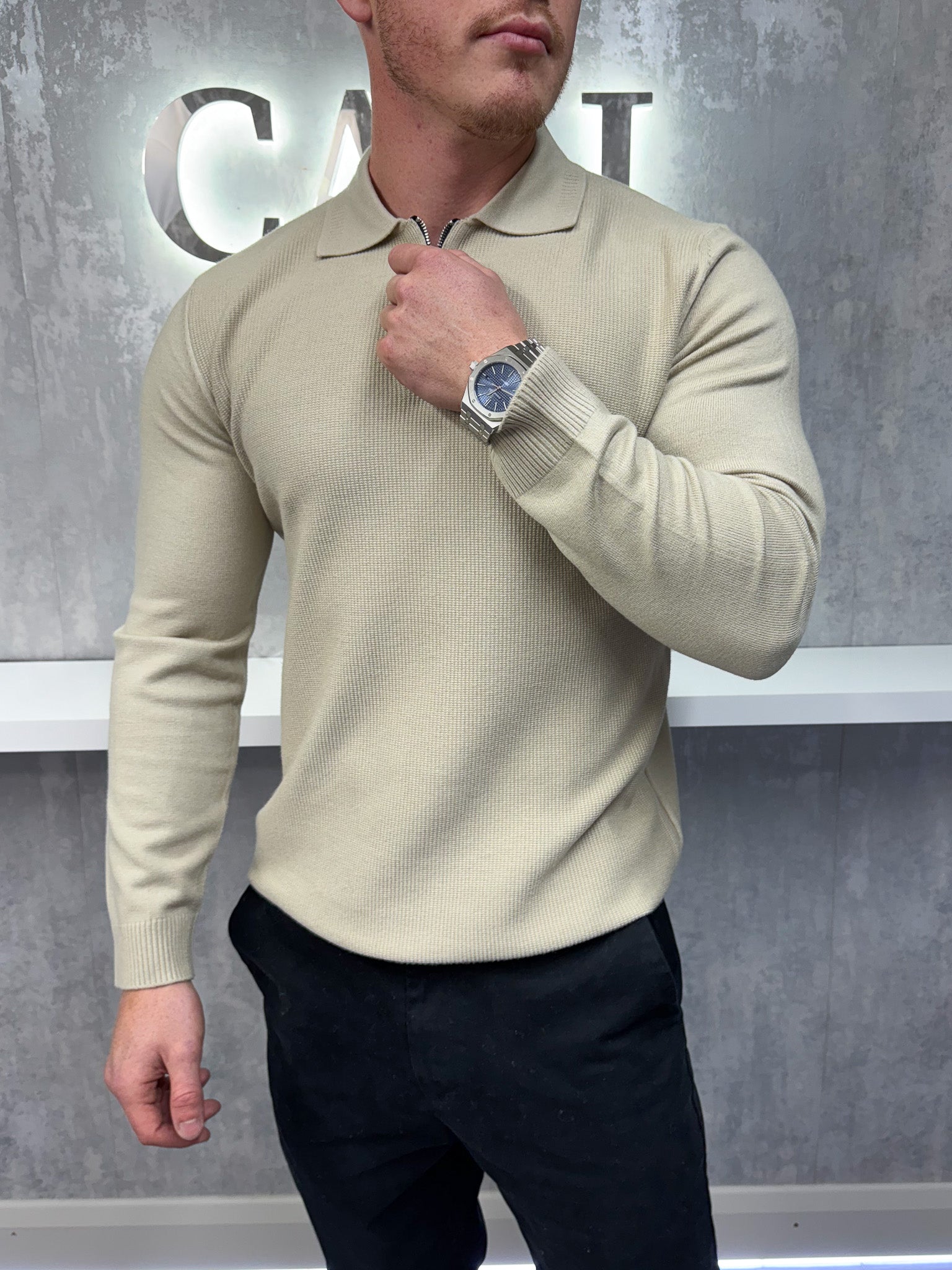 Long sleeve zip polo - Beige