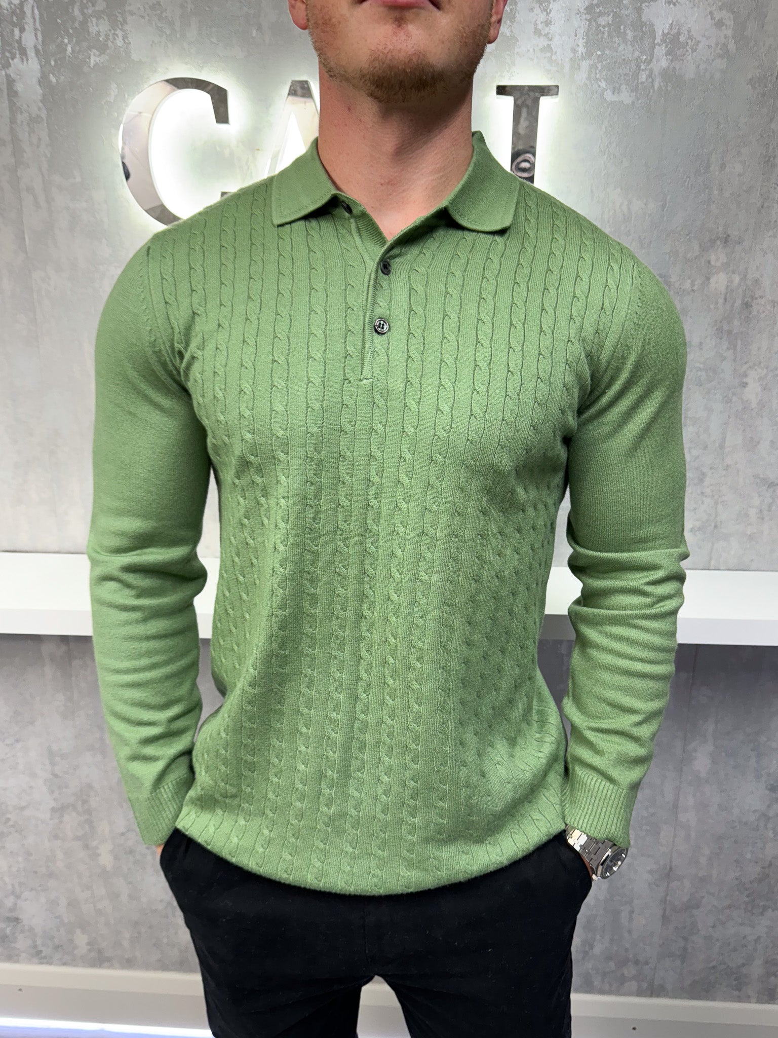 Long sleeve button up polo - Khaki