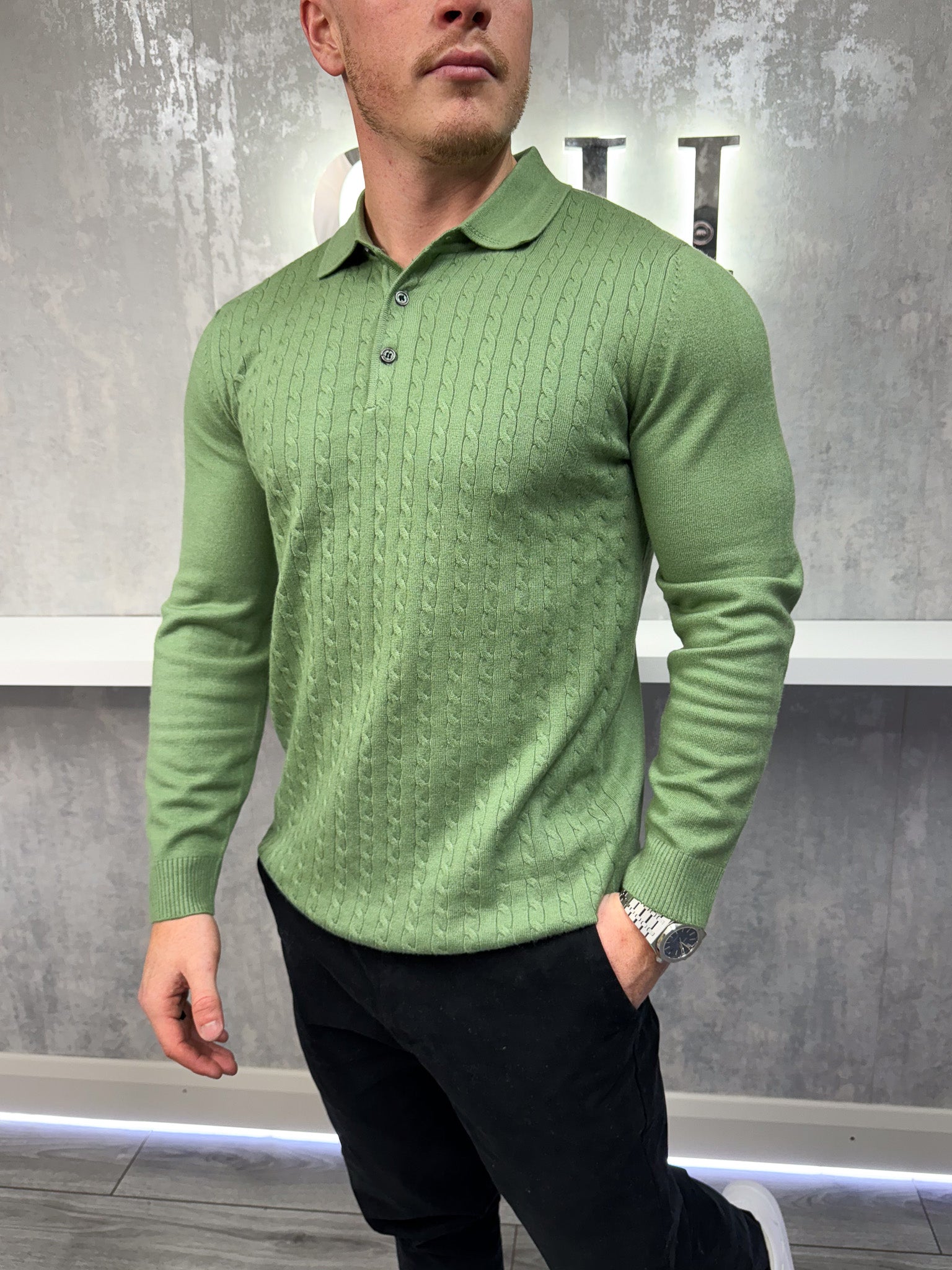 Long sleeve button up polo - Khaki