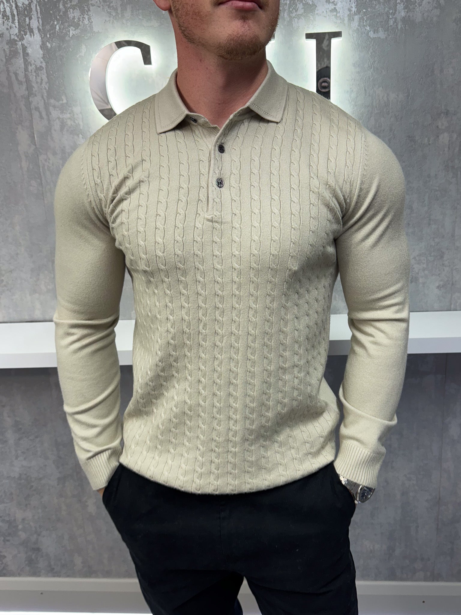 Long sleeve button up polo - Beige