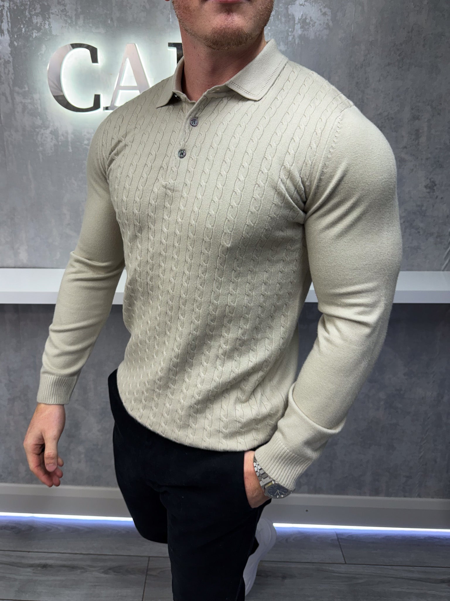 Long sleeve button up polo - Beige