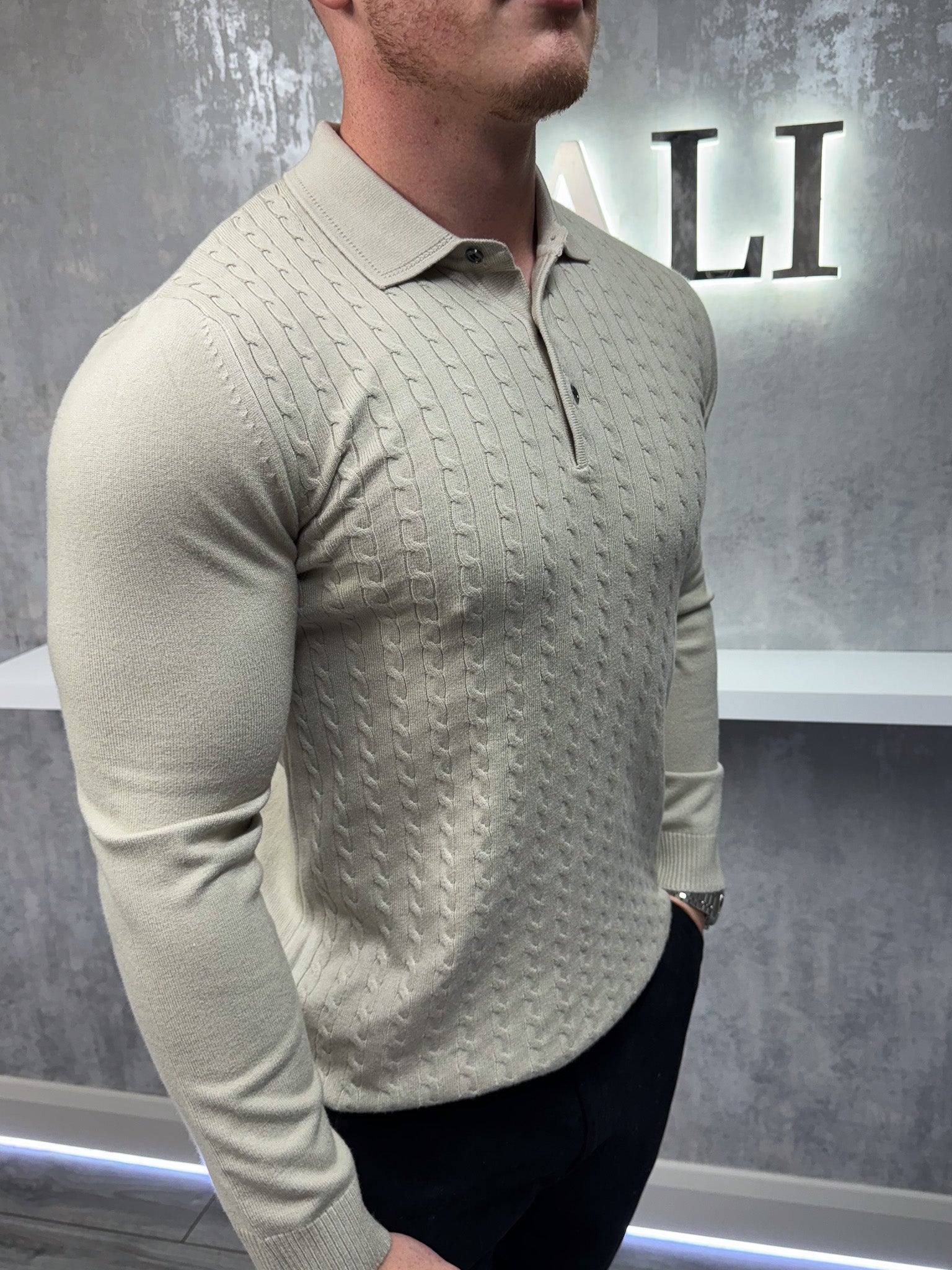 Long sleeve button up polo - Beige