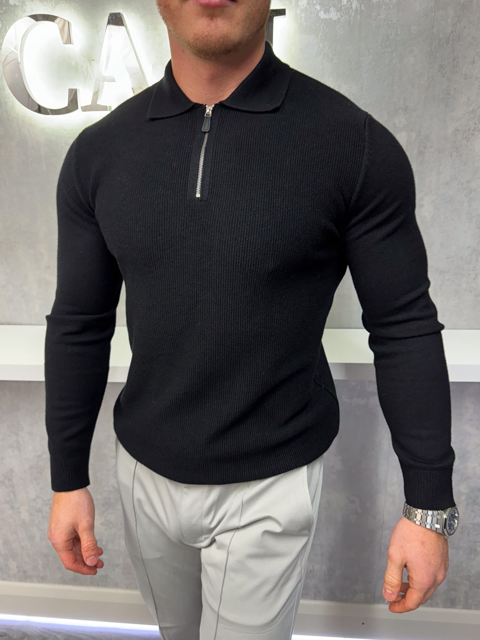 Long sleeve Zip polo - Black
