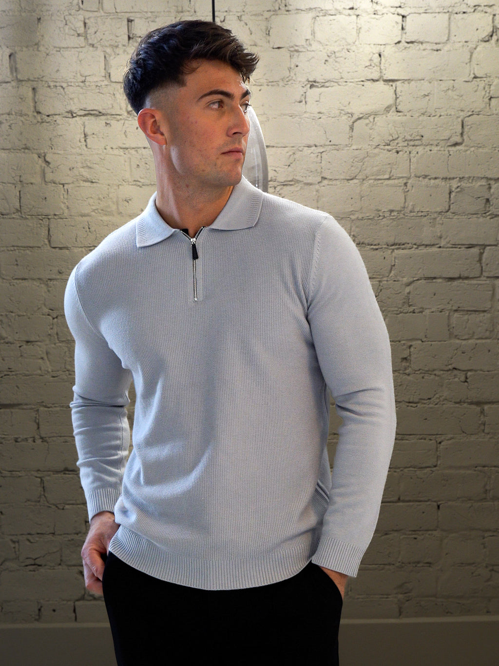 Langarm-Zip-Polo - Grau