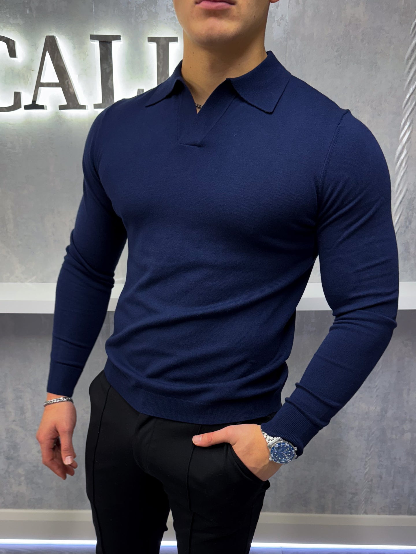 YAECA PARK｜24SS Long Sleeve Polo（Navy・L） Rockefeller long Sleeve Polo Shirt - Navy – CALI USA