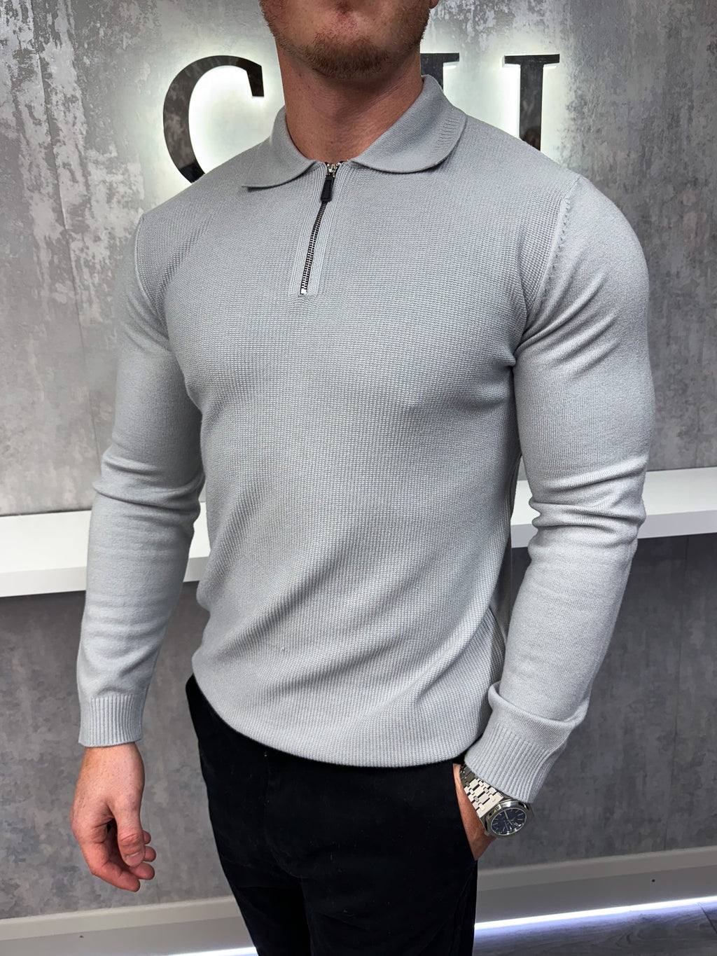 Langarm-Zip-Polo - Grau