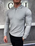 Langarm-Zip-Polo - Grau