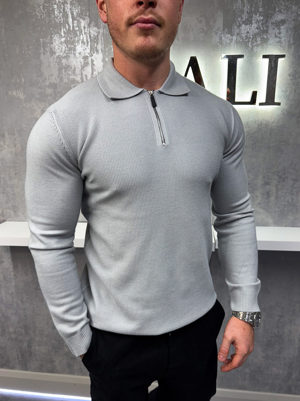 Langarm-Zip-Polo - Grau