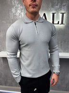 Langarm-Zip-Polo - Grau