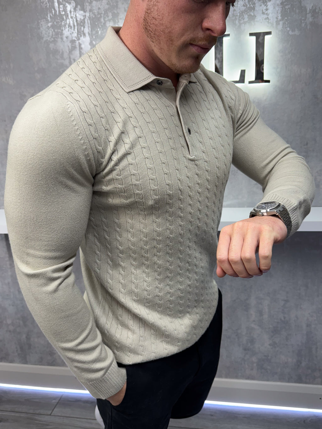 Langarm-Button-Down-Polo - Beige