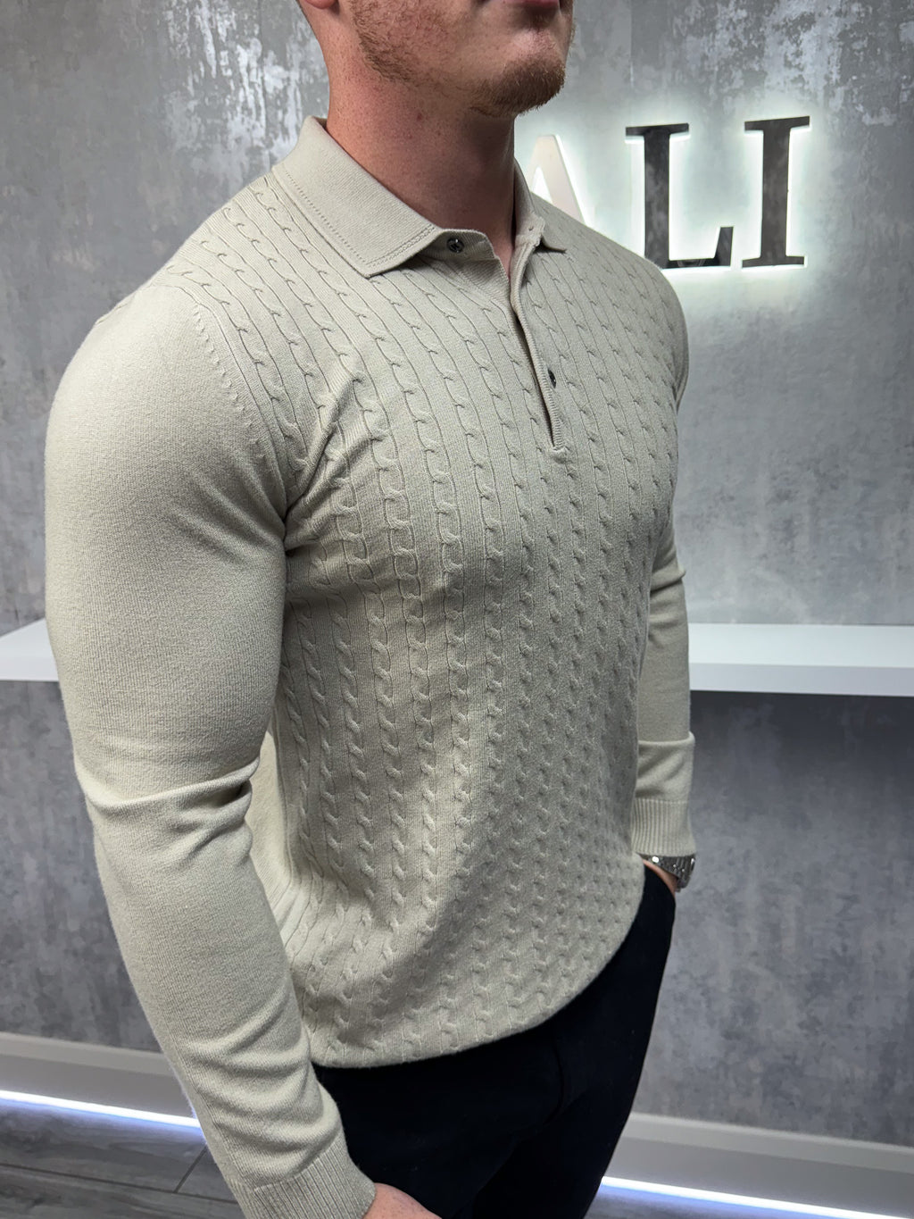 Langarm-Button-Down-Polo - Beige