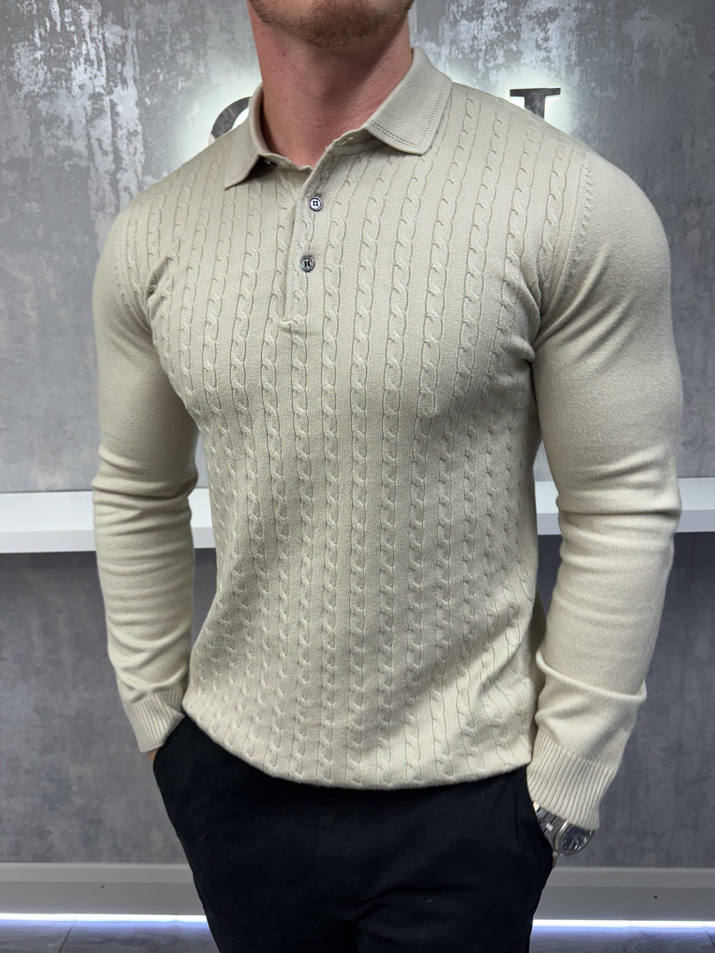 Langarm-Button-Down-Polo - Beige