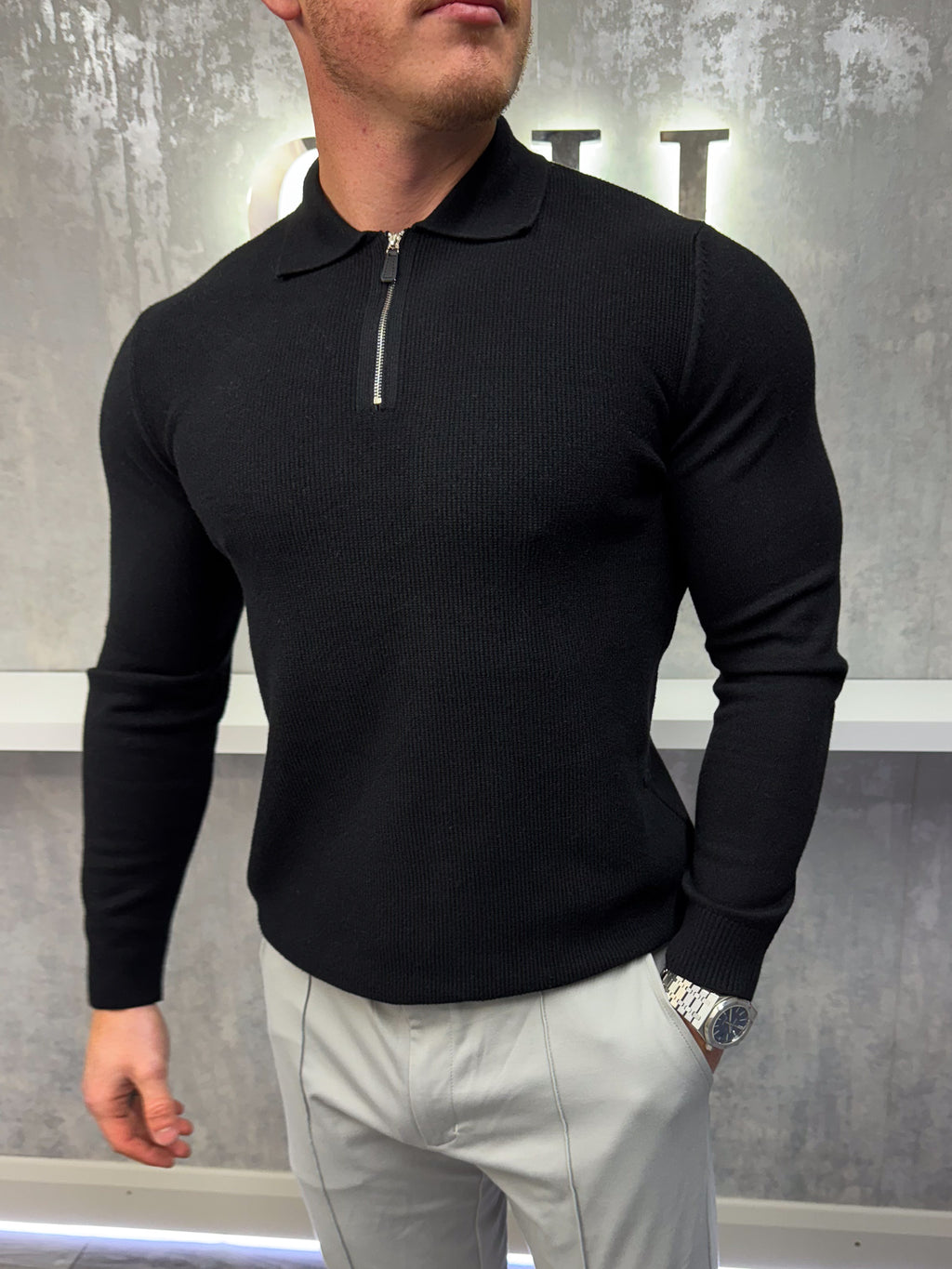Langarm-Zip-Polo - Schwarz