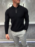 Langarm-Zip-Polo - Schwarz
