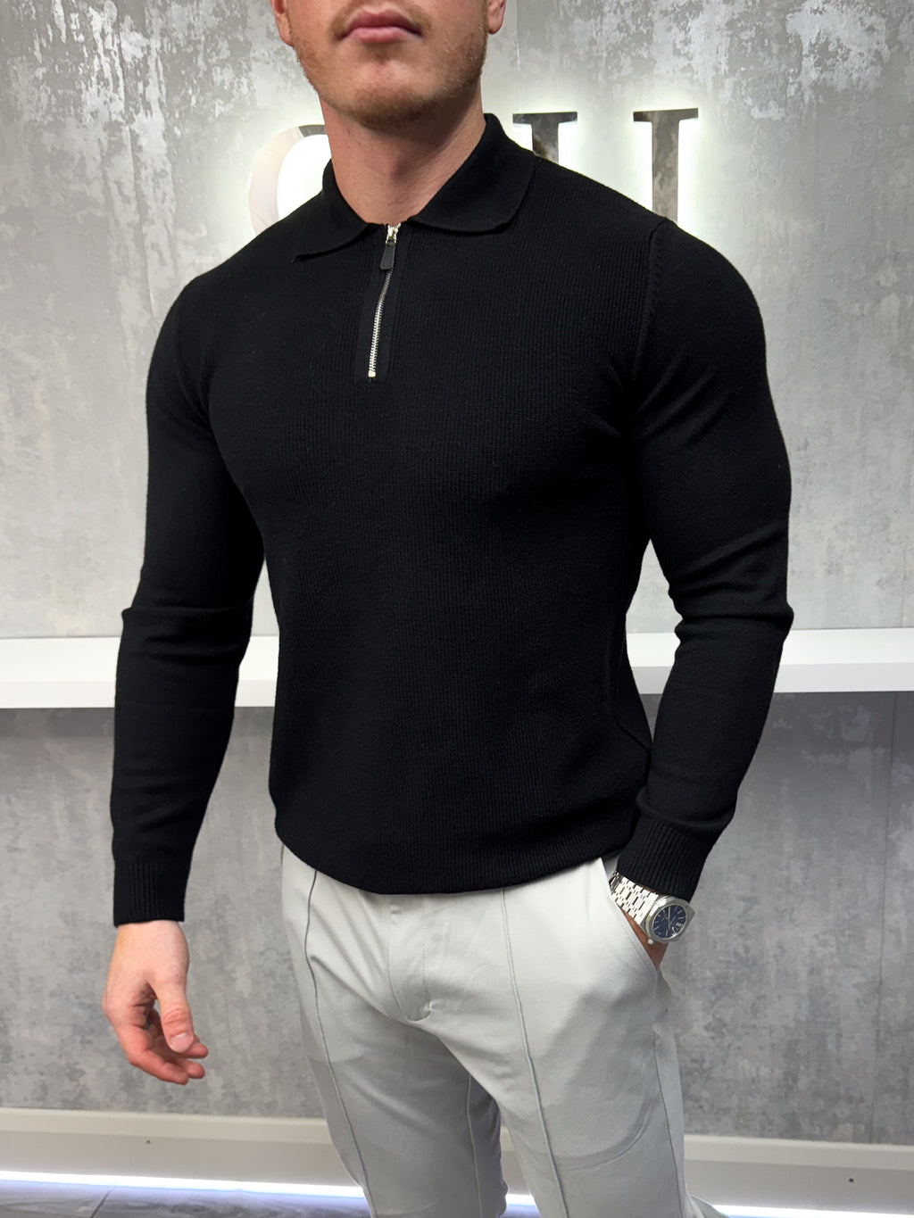 Langarm-Zip-Polo - Schwarz