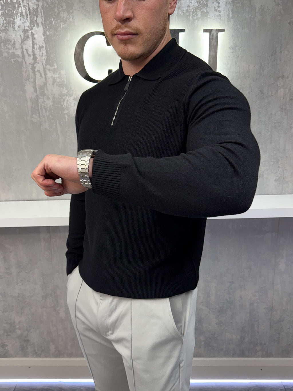 Langarm-Zip-Polo - Schwarz