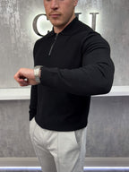 Langarm-Zip-Polo - Schwarz