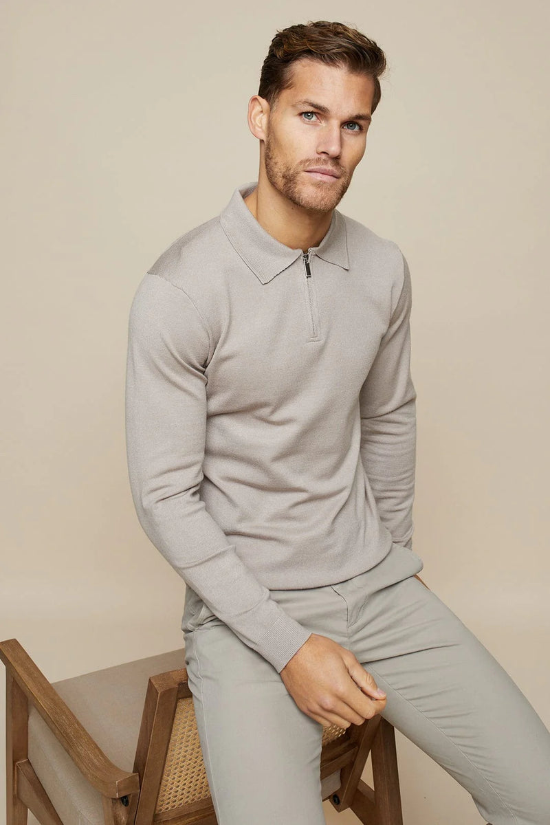 Knitted Long Sleeve Polo - Light Grey