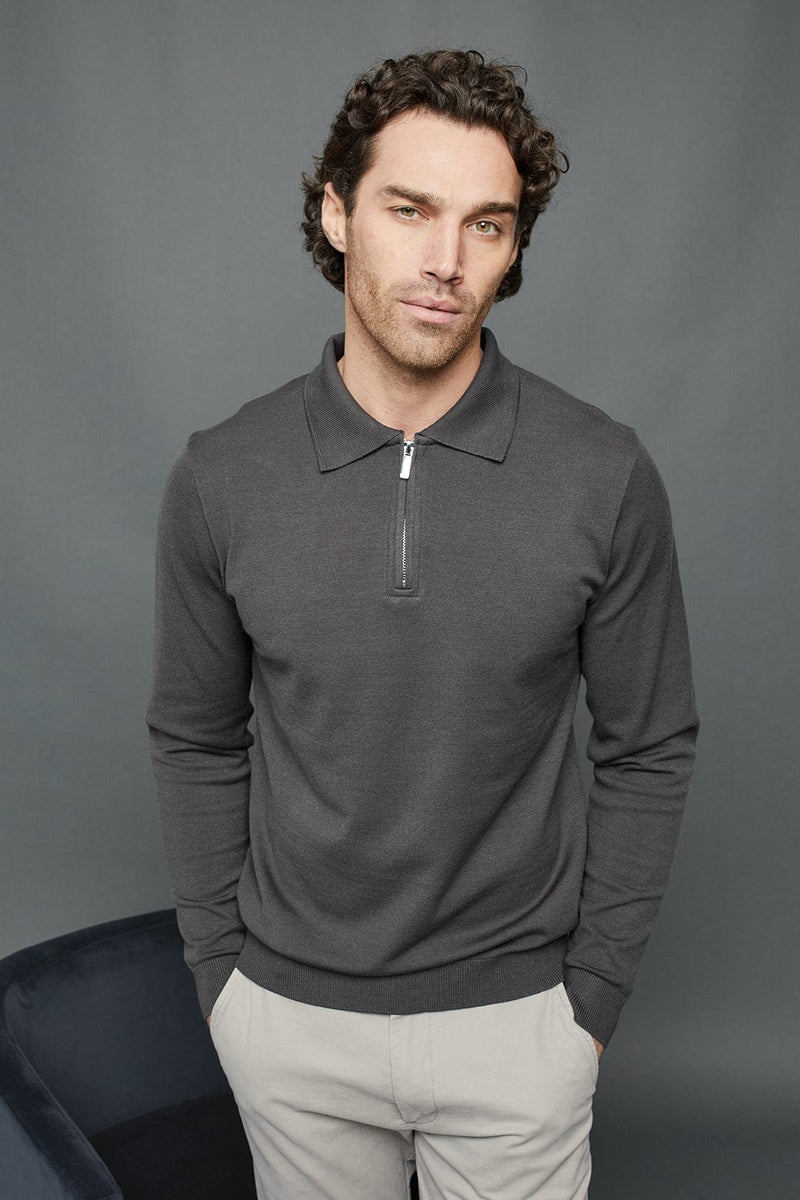 Knitted Long Sleeve Polo - Dark Grey