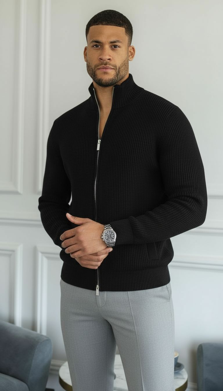 Jamie | Herren Pullover mit durchgehendem Reißverschluss und Rippenstrick