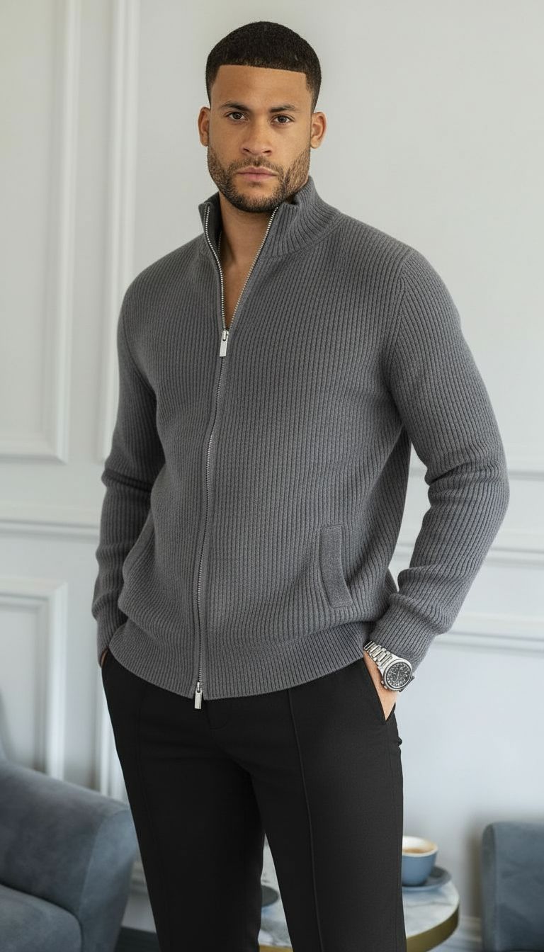 Jamie | Herren Pullover mit durchgehendem Reißverschluss und Rippenstrick