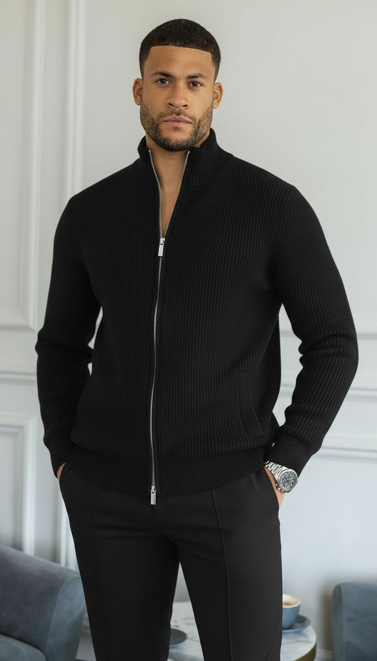 Jamie | Herren Pullover mit durchgehendem Reißverschluss und Rippenstrick
