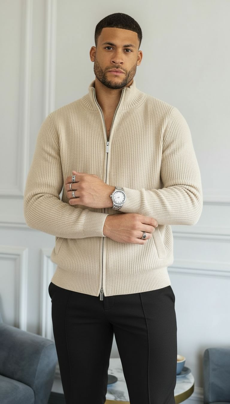 Jamie | Herren Pullover mit durchgehendem Reißverschluss und Rippenstrick