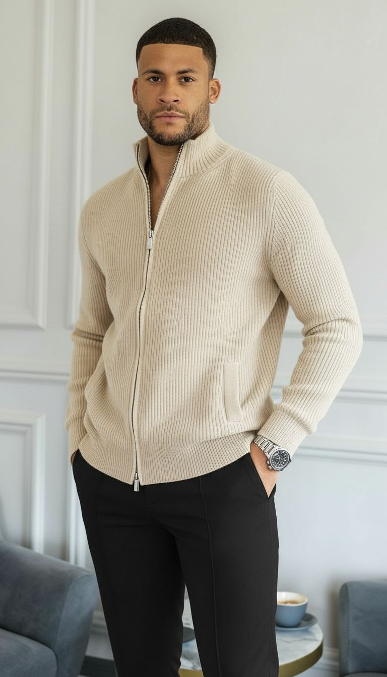 Jamie | Herren Pullover mit durchgehendem Reißverschluss und Rippenstrick