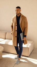 Heren op maat gemaakte jas met wolgevoel – Enkelsluitend mid-lange overjas met inkeping revers