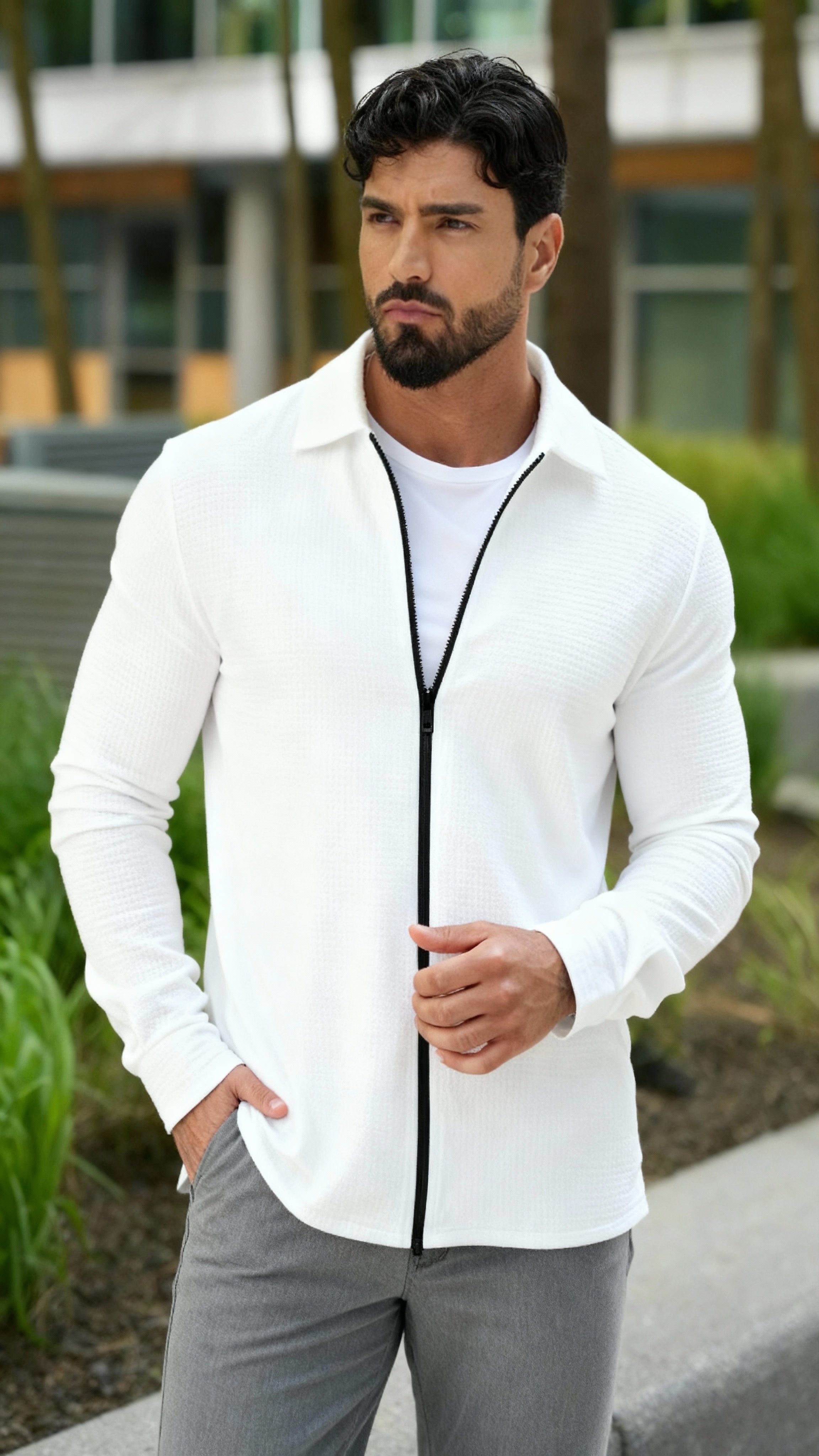 Camisa tejida texturizada de manga larga para hombre – Camisa casual de ajuste regular con cremallera frontal