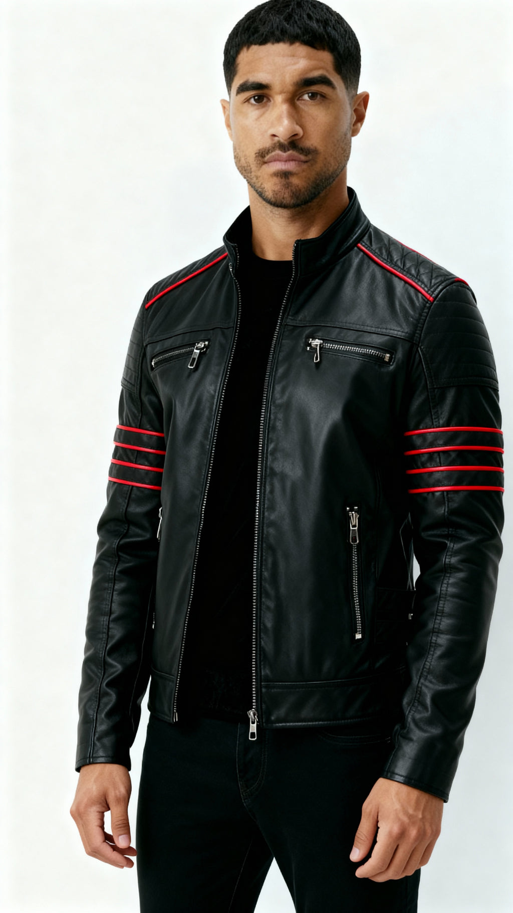 Men’s Black Leather Jacket – Wolverine-Inspired Biker Outerwear with Red Stripe Accents