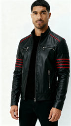 Men’s Black Leather Jacket – Wolverine-Inspired Biker Outerwear with Red Stripe Accents