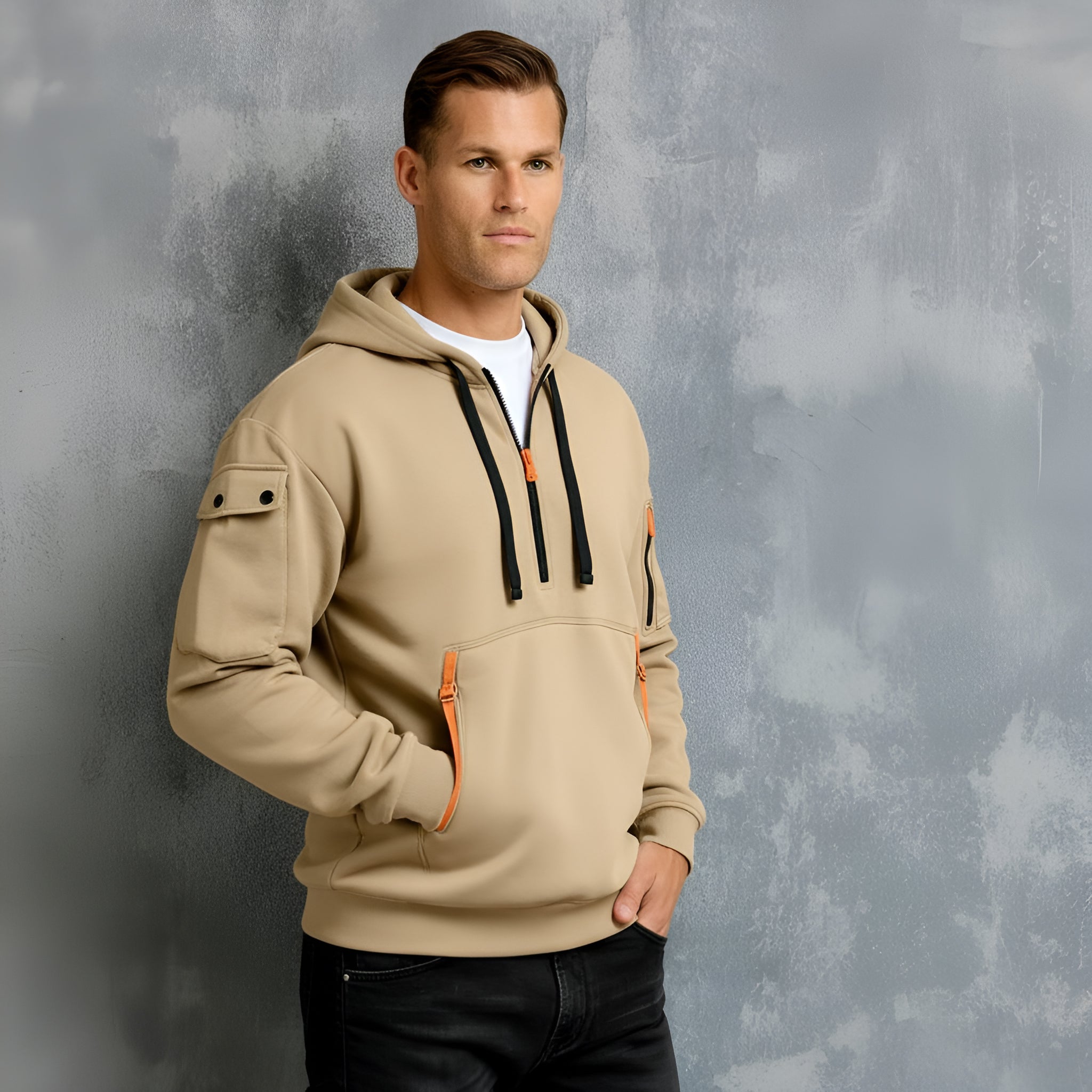Men’s Zip Neck Hoodie with Multiple Pockets – Casual Functional Pullover