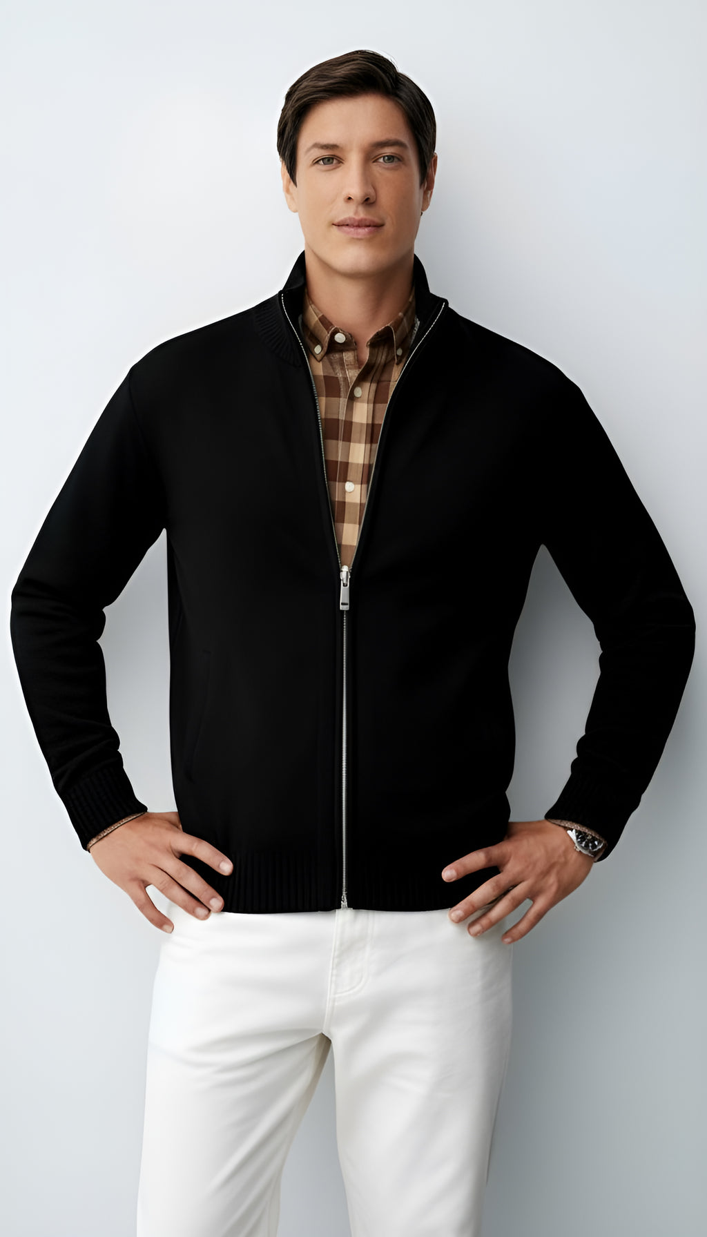 Cardigan zippé en tricot pour hommes - Pull en coton mélangé avec col et poches pour le printemps, l'automne et l'hiver