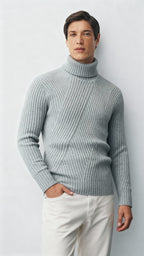 Suéter de cuello alto de punto acanalado para hombre - Jersey de mezcla de lana para ropa elegante, informal y de invierno
