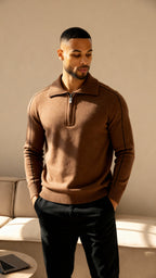 Elliot - Long sleeve knitted zip neck polo shirt