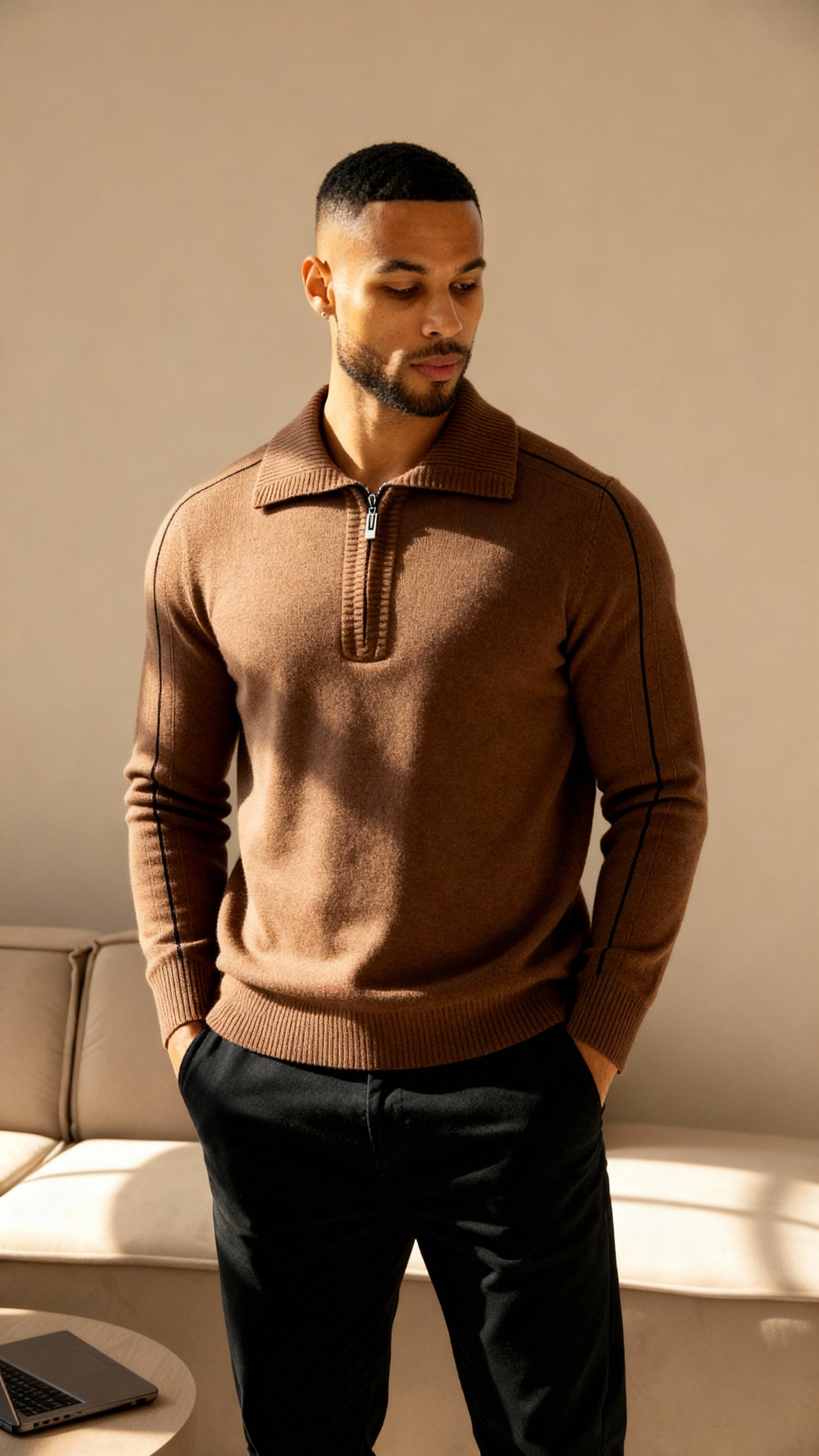 Elliot - Long sleeve knitted zip neck polo shirt