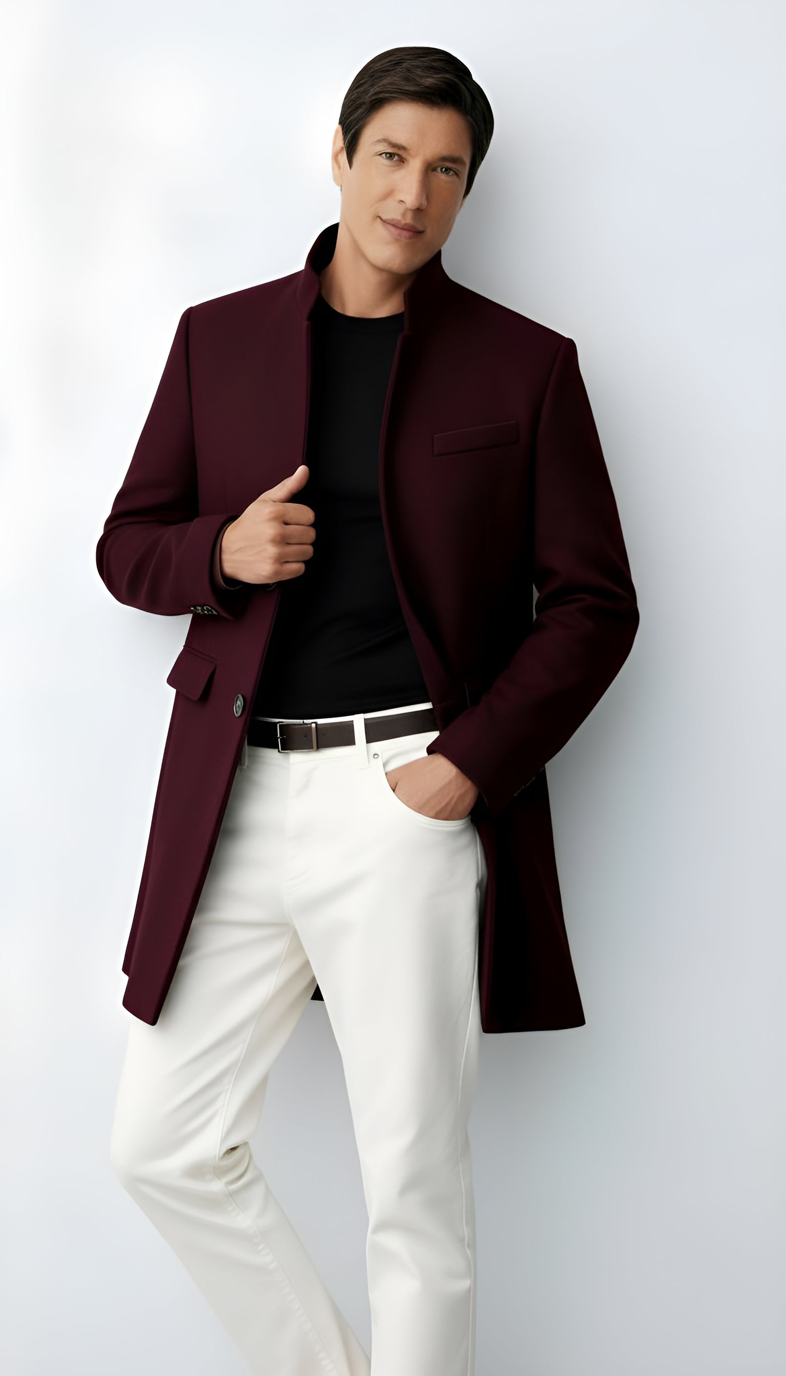 Cappotto da uomo in misto lana - Elegante cappotto lungo con risvolto a tacche e chiusura a bottoni per abbigliamento formale e casual.