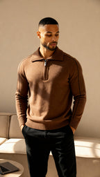 Elliot - Long sleeve knitted zip neck polo shirt