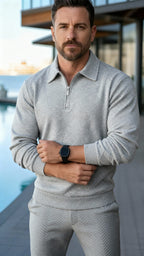 Herenpoloshirt met lange mouwen - Kwartiersluiting met structuurpatroon en gestructureerde kraag