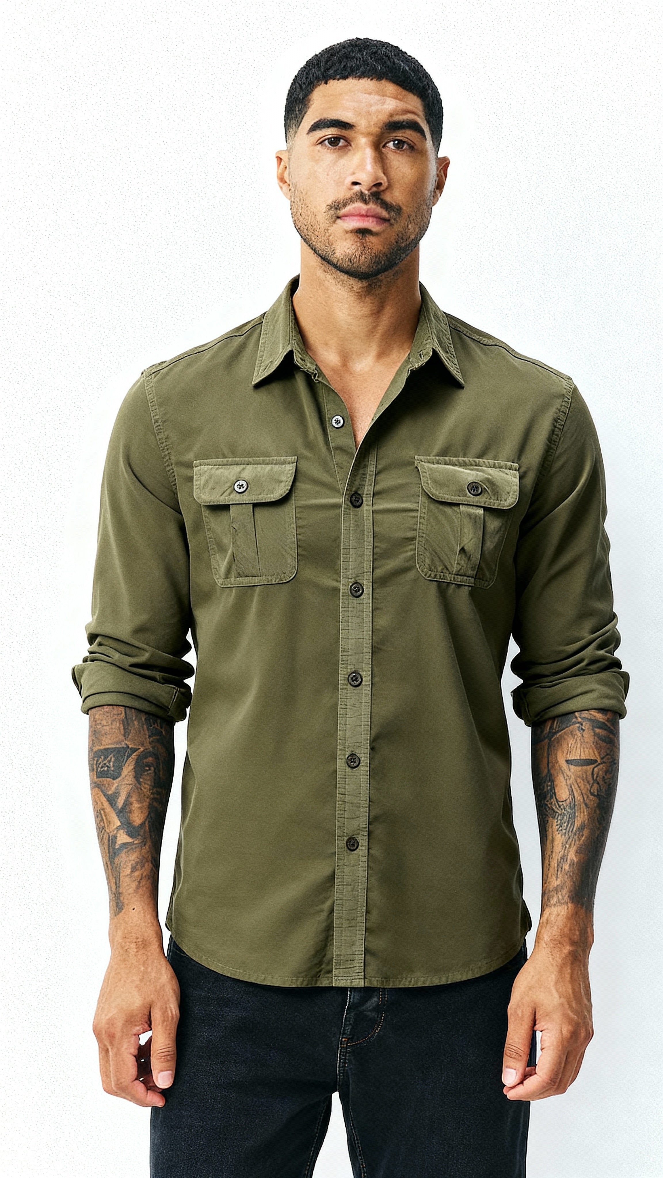 Utility Shirt voor heren - Klassieke kraag met knoopsluiting en zakken met kleppen | Textured Smart Casual Workwear