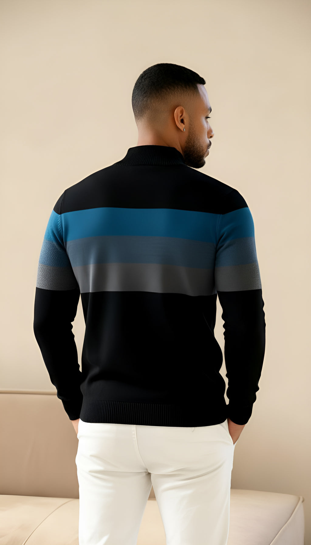 Jersey de rayas con cremallera y cuello alto para hombre - Prendas de punto con estilo