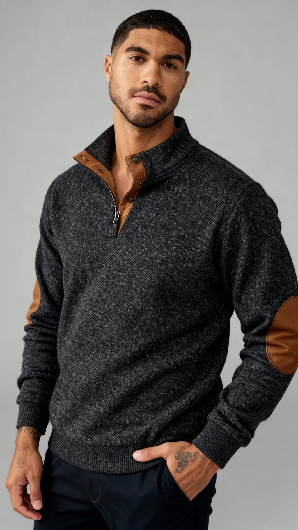 Maglia con collo a bottoni da uomo - Pullover con colletto e toppe sui gomiti