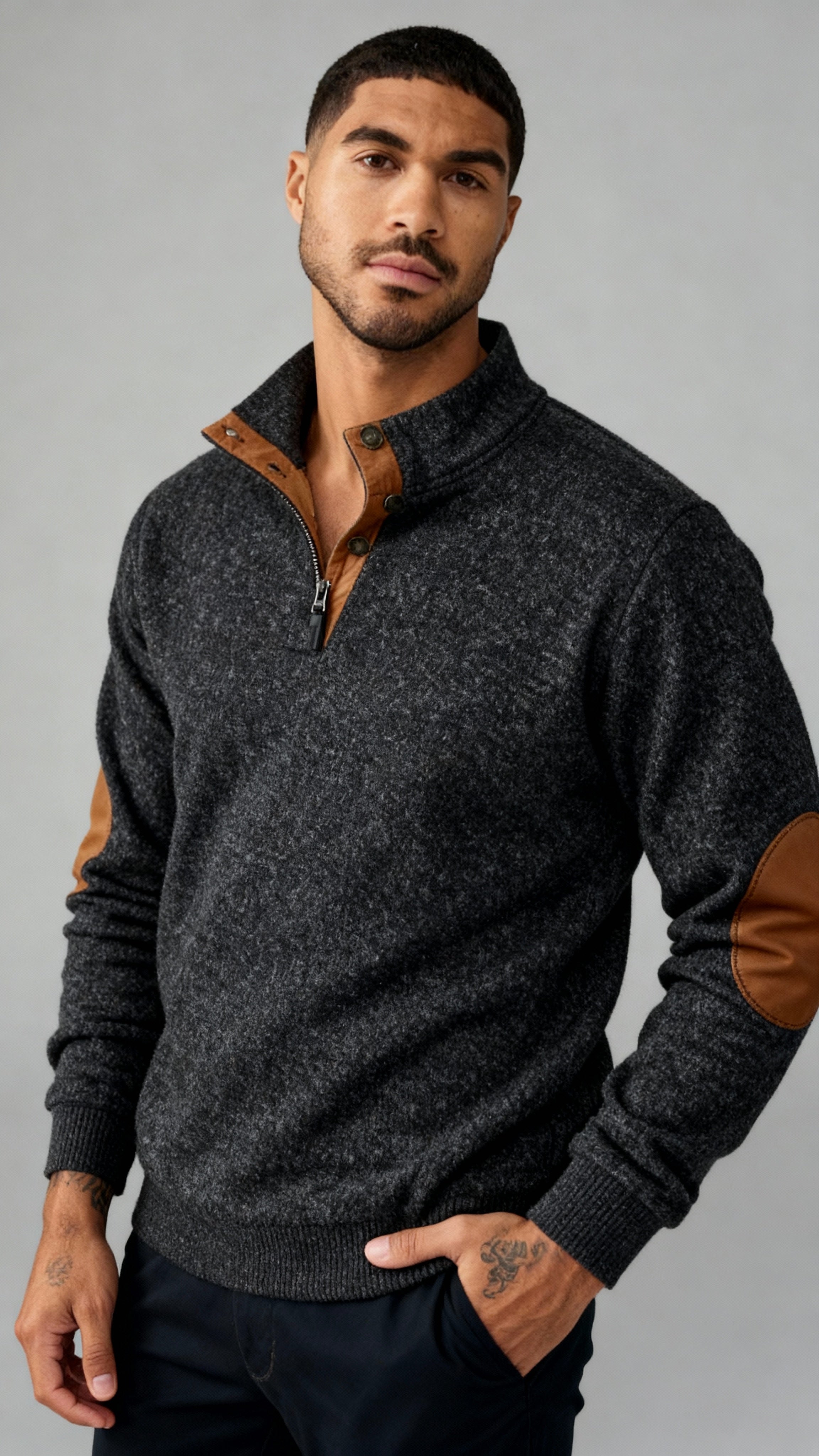 Maglia con collo a bottoni da uomo - Pullover con colletto e toppe sui gomiti