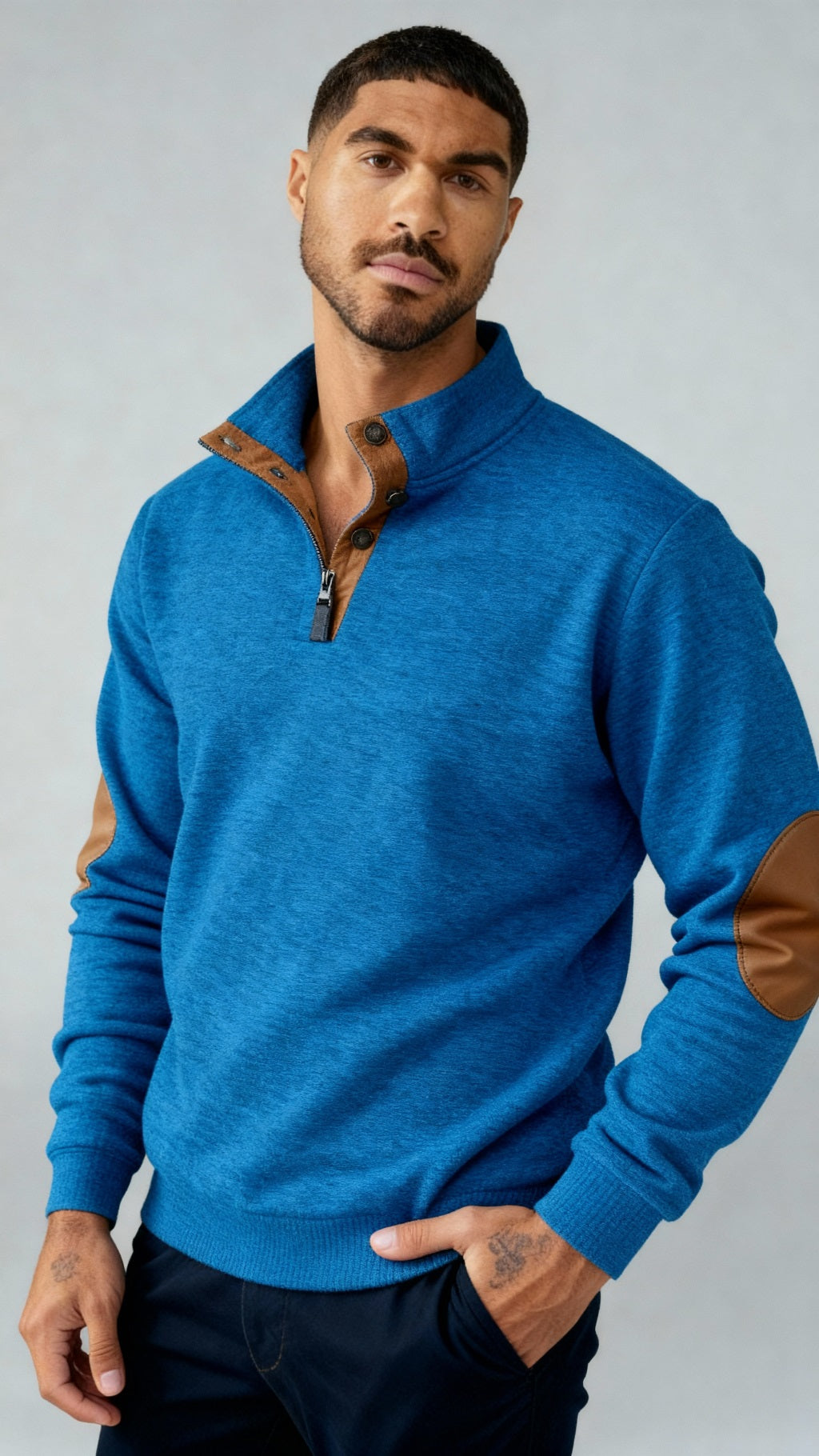 Maglia con collo a bottoni da uomo - Pullover con colletto e toppe sui gomiti