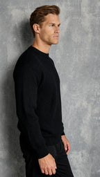 Men’s Black Ribbed Jumper – Crew Neck Knit Sweater with Relaxed Fit