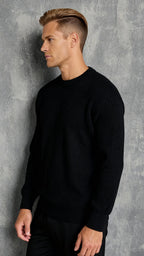 Men’s Black Ribbed Jumper – Crew Neck Knit Sweater with Relaxed Fit