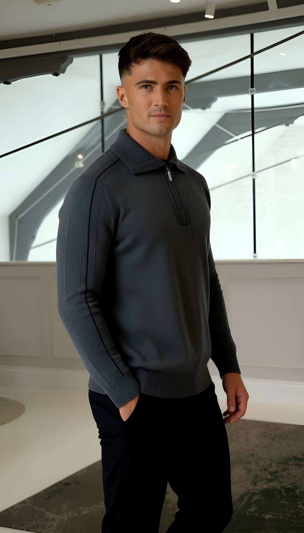 Elliot - Long sleeve knitted zip neck polo shirt